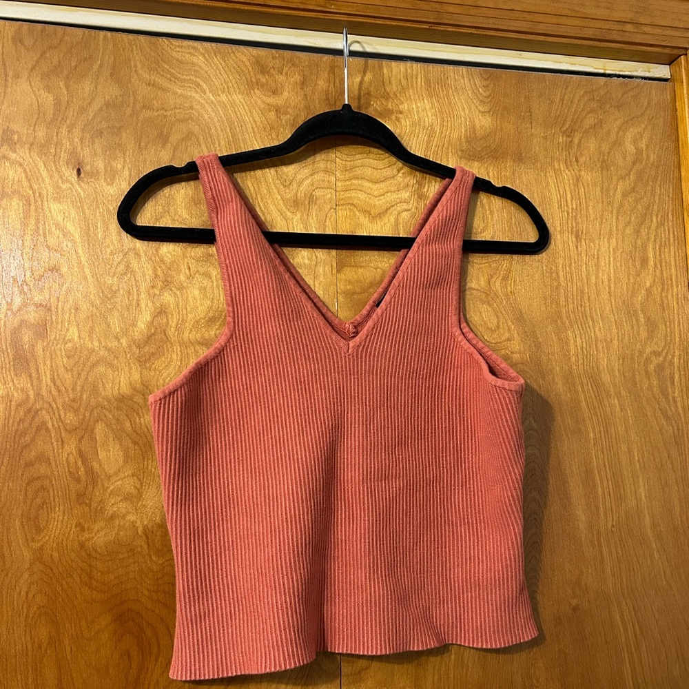House of Harlow 1960 Ribbed V-Neck Tank Top - Coral Pink/Orange